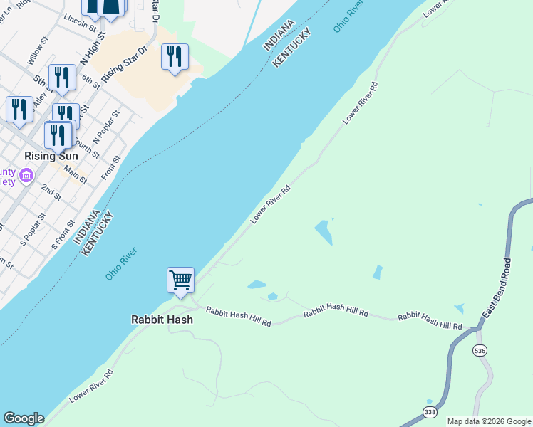map of restaurants, bars, coffee shops, grocery stores, and more near 9540 Lower River Road in Burlington