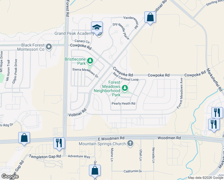 map of restaurants, bars, coffee shops, grocery stores, and more near 7835 Morning Dew Road in Colorado Springs