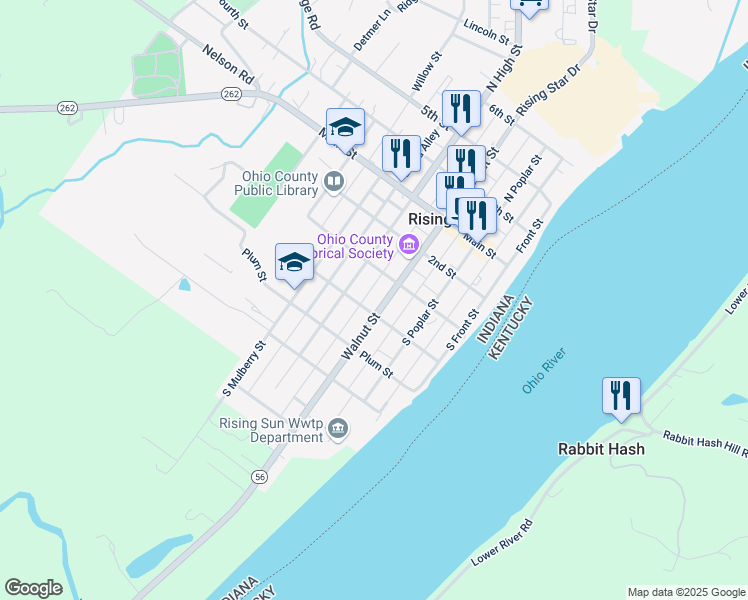 map of restaurants, bars, coffee shops, grocery stores, and more near 319 South Walnut Street in Rising Sun