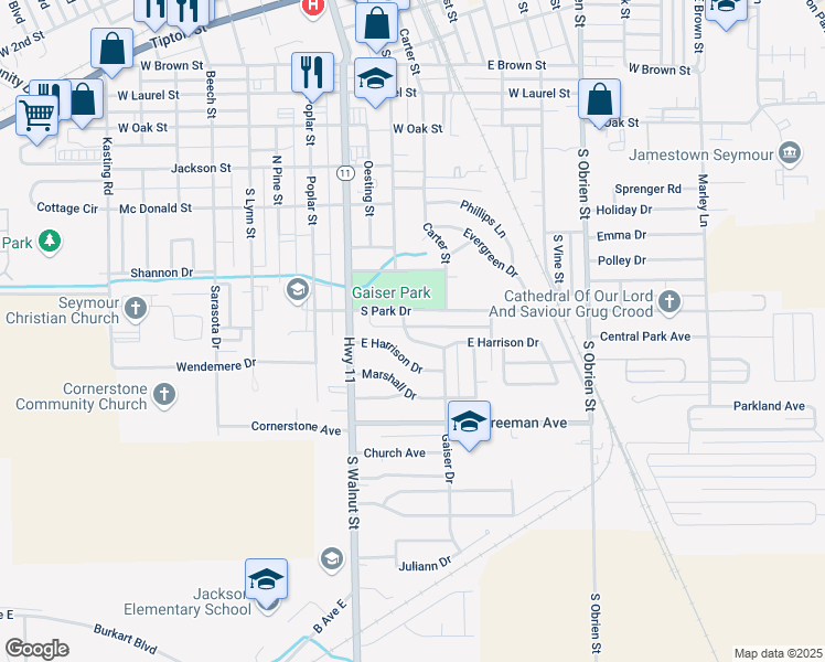 map of restaurants, bars, coffee shops, grocery stores, and more near 1017 Gaiser Drive in Seymour