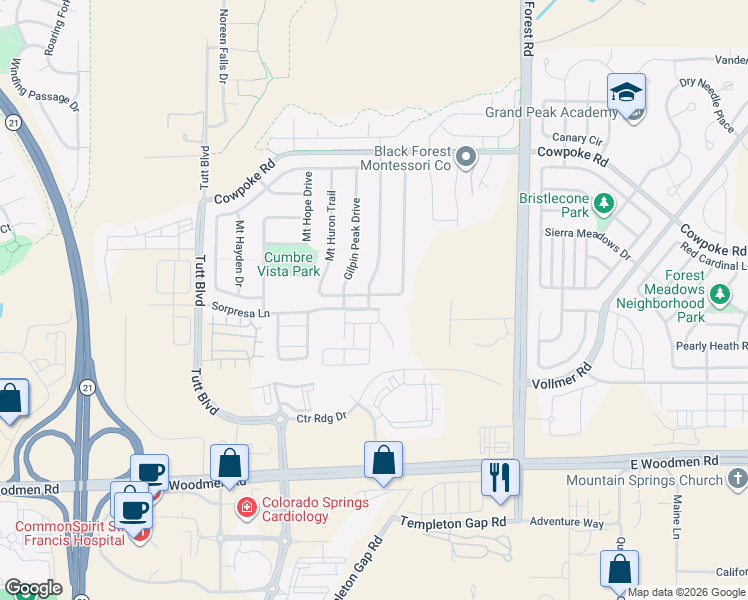 map of restaurants, bars, coffee shops, grocery stores, and more near 6948 Cumbre Vista Way in Colorado Springs