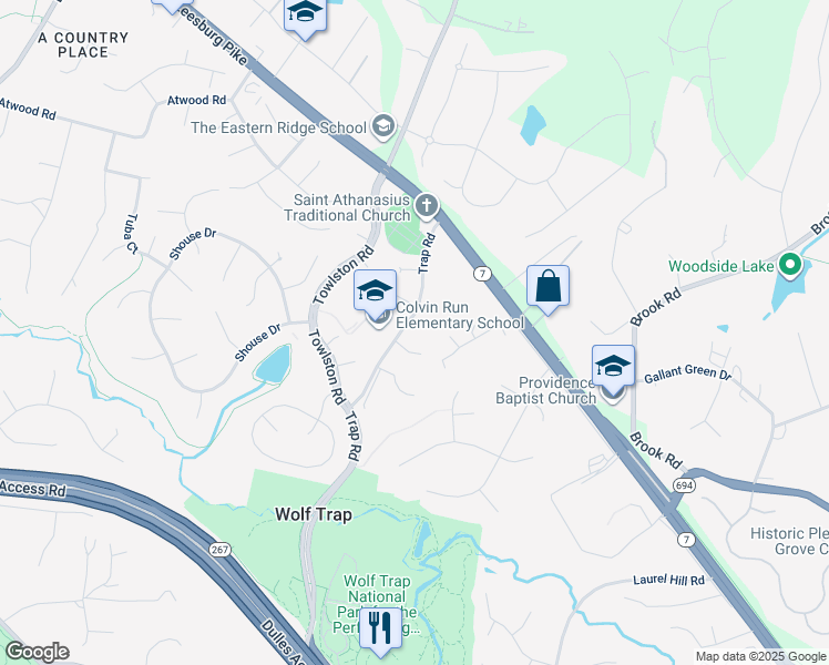 map of restaurants, bars, coffee shops, grocery stores, and more near 1325 Trap Road in Vienna