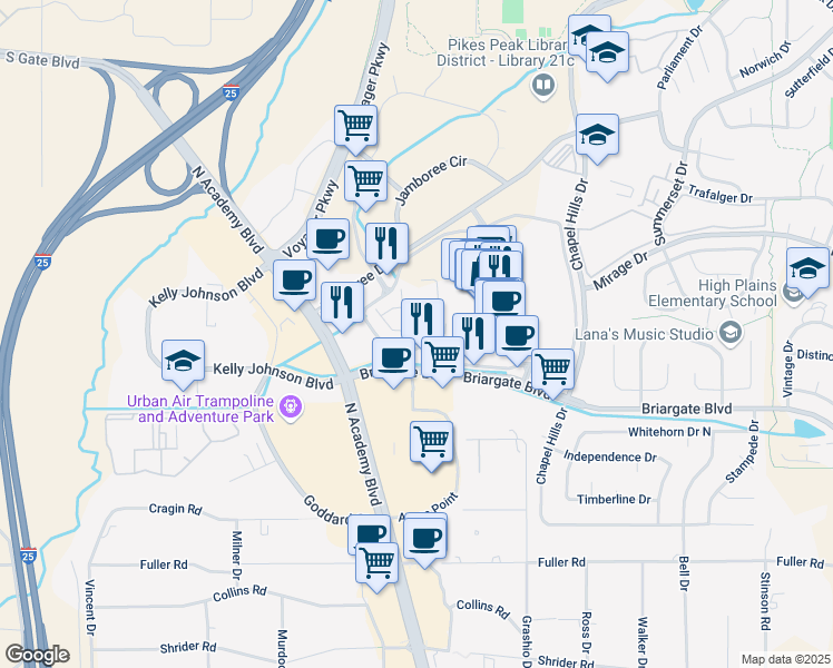 map of restaurants, bars, coffee shops, grocery stores, and more near 7940 Brayden Point in Colorado Springs