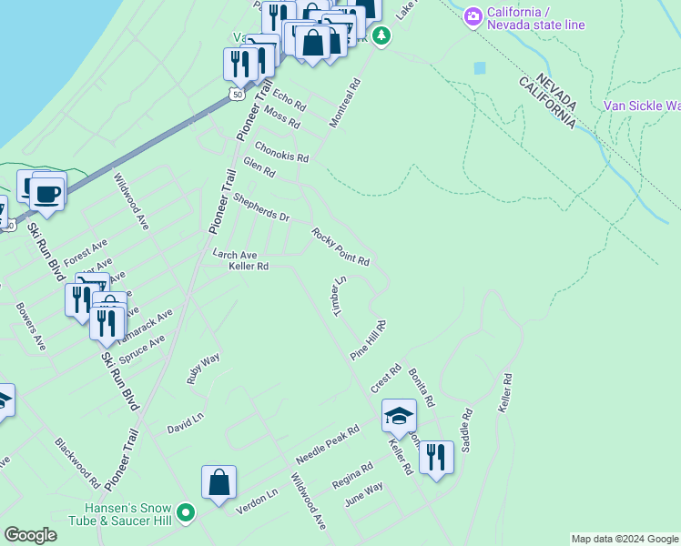 map of restaurants, bars, coffee shops, grocery stores, and more near 1210 Timber Lane in South Lake Tahoe