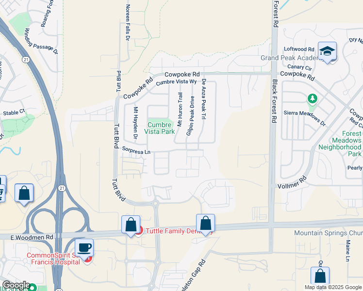 map of restaurants, bars, coffee shops, grocery stores, and more near 7018 Cumbre Vista Way in Colorado Springs