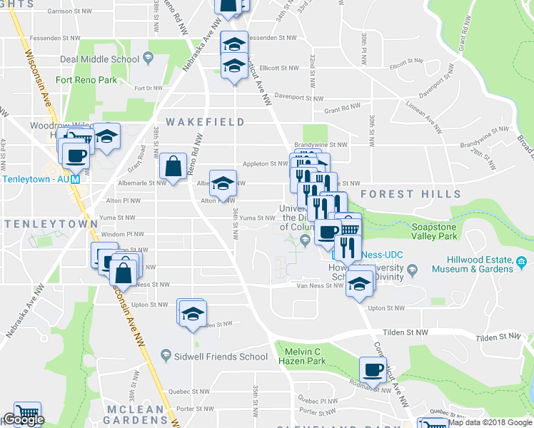 map of restaurants, bars, coffee shops, grocery stores, and more near 3509 Yuma Street Northwest in Washington