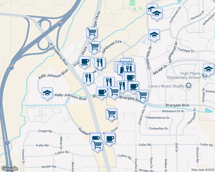 map of restaurants, bars, coffee shops, grocery stores, and more near 1590 Briargate Blvd in Colorado Springs