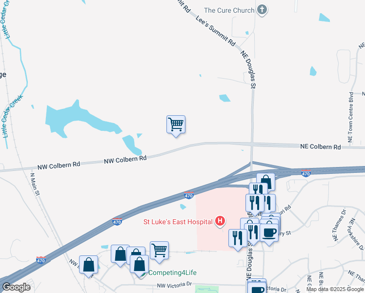 map of restaurants, bars, coffee shops, grocery stores, and more near 150 Northwest Colbern Road in Kansas City