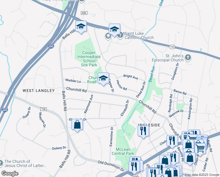 map of restaurants, bars, coffee shops, grocery stores, and more near 1112 Carper Street in McLean
