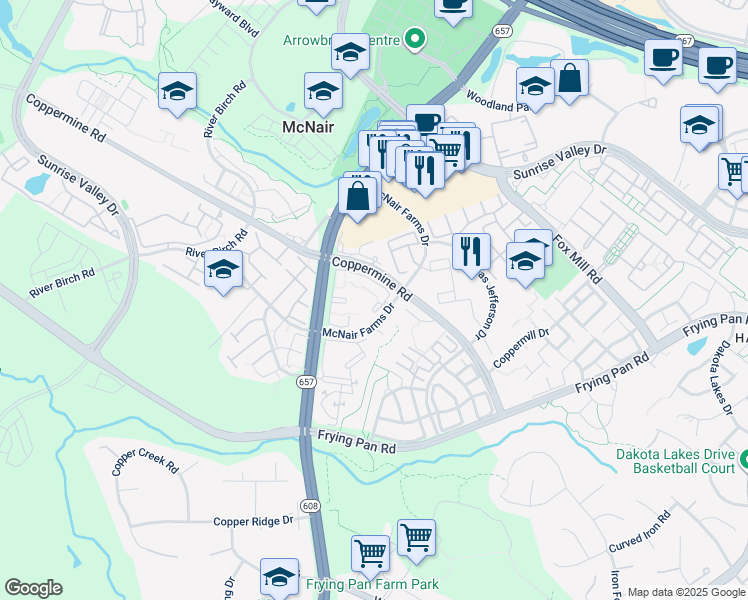 map of restaurants, bars, coffee shops, grocery stores, and more near 2511 Farmcrest Drive in Herndon