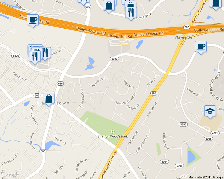 map of restaurants, bars, coffee shops, grocery stores, and more near 2325 Darius Lane in Reston