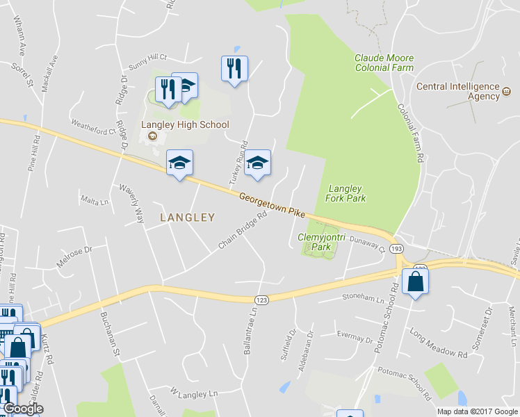 map of restaurants, bars, coffee shops, grocery stores, and more near 1100 Chain Bridge Road in McLean