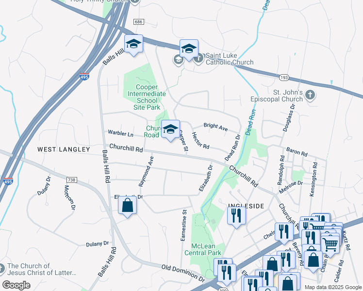 map of restaurants, bars, coffee shops, grocery stores, and more near 1112 Carper Street in McLean