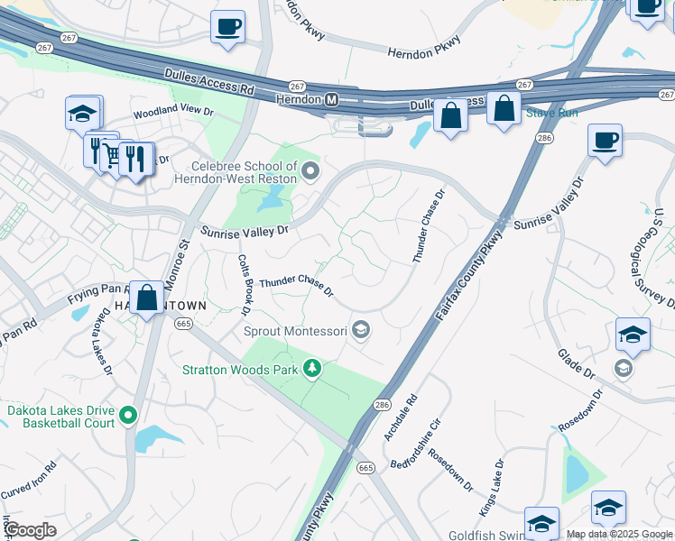 map of restaurants, bars, coffee shops, grocery stores, and more near 2325 Darius Lane in Reston