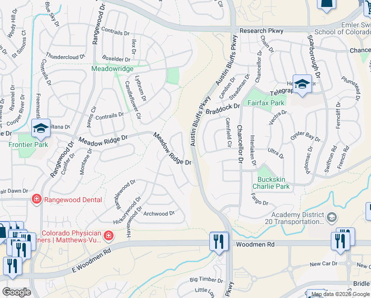 map of restaurants, bars, coffee shops, grocery stores, and more near 7823 Antelope Valley Point in Colorado Springs