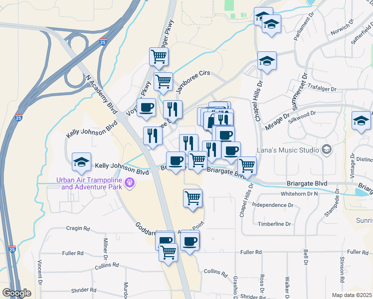 map of restaurants, bars, coffee shops, grocery stores, and more near 1590 Briargate Blvd in Colorado Springs
