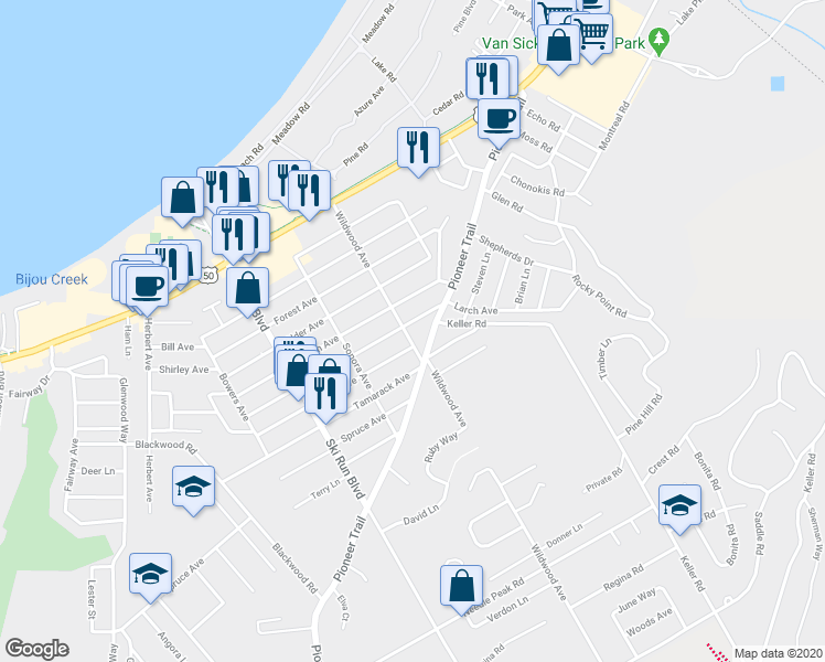 map of restaurants, bars, coffee shops, grocery stores, and more near 1136 Wildwood Avenue in South Lake Tahoe