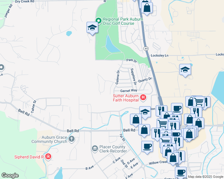 map of restaurants, bars, coffee shops, grocery stores, and more near 3527 Galena Drive in Auburn