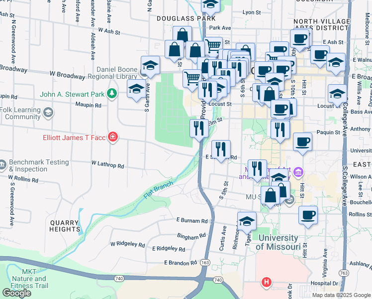 map of restaurants, bars, coffee shops, grocery stores, and more near 110 East Stewart Road in Columbia