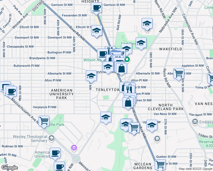 map of restaurants, bars, coffee shops, grocery stores, and more near 4131 Yuma Street Northwest in Washington