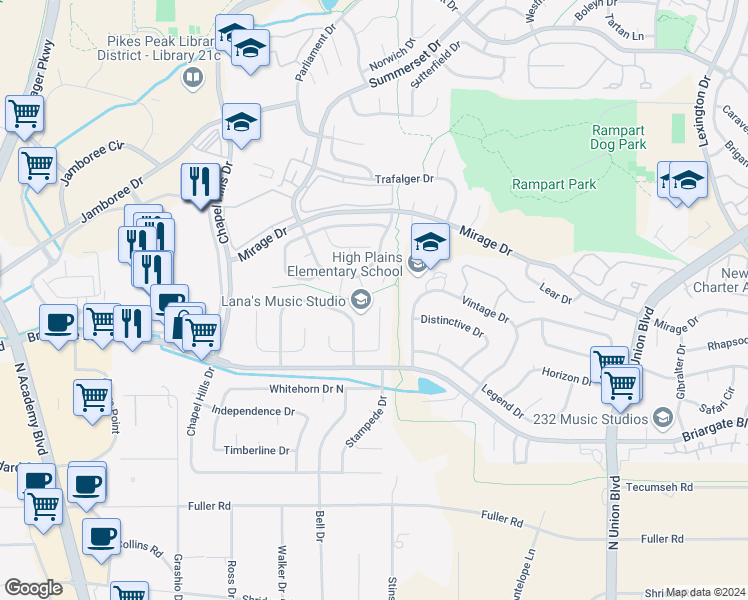 map of restaurants, bars, coffee shops, grocery stores, and more near 2230 Peacemaker Terrace East in Colorado Springs