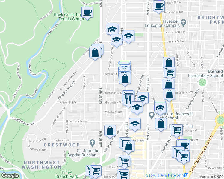 map of restaurants, bars, coffee shops, grocery stores, and more near 4604 15th Street Northwest in Washington