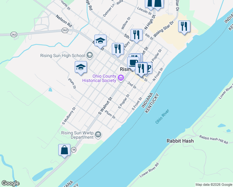 map of restaurants, bars, coffee shops, grocery stores, and more near 319 South Walnut Street in Rising Sun