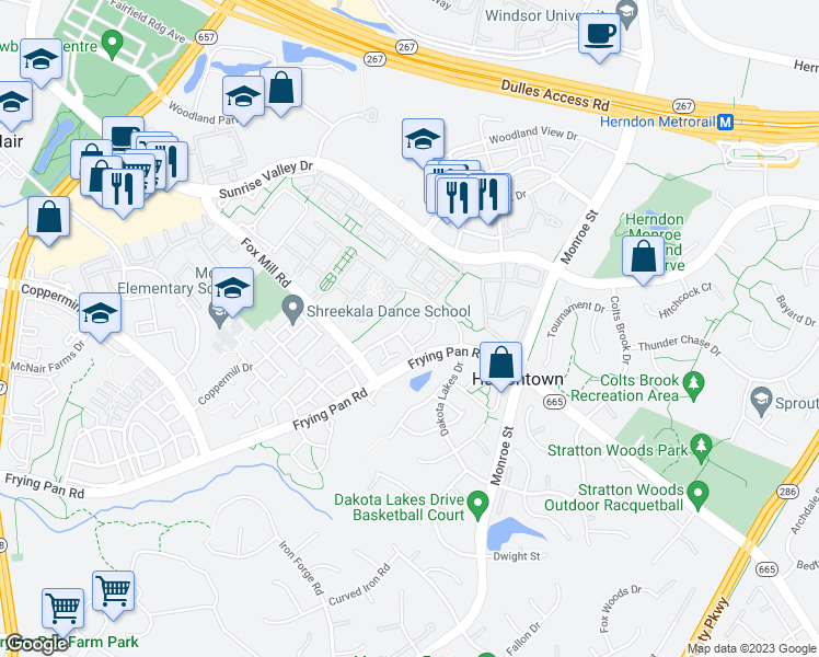 map of restaurants, bars, coffee shops, grocery stores, and more near 13109 Marcey Creek Road in Herndon