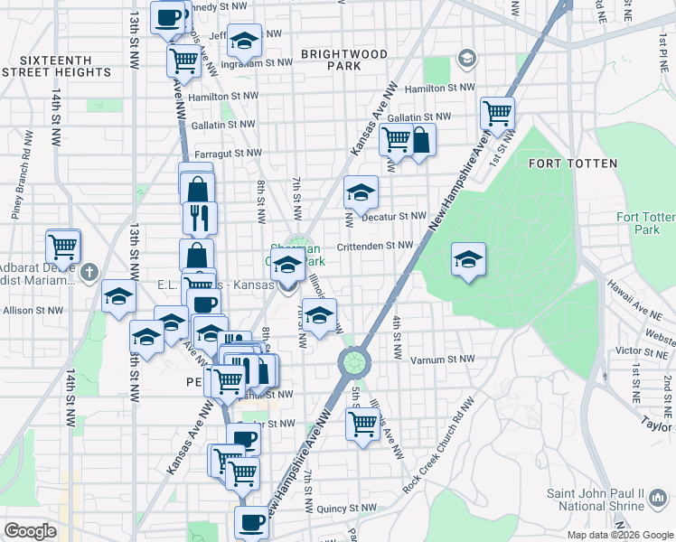 map of restaurants, bars, coffee shops, grocery stores, and more near 513 Buchanan Street Northwest in Washington