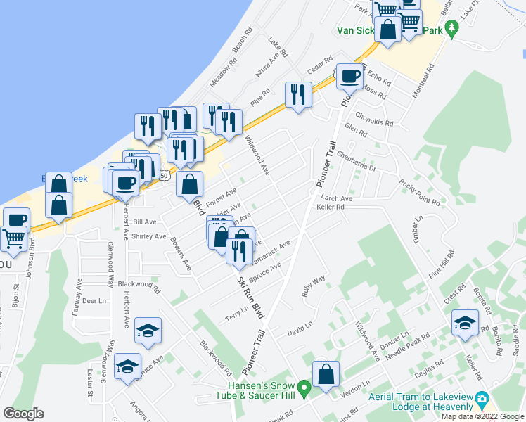 map of restaurants, bars, coffee shops, grocery stores, and more near 3724 Aspen Avenue in South Lake Tahoe
