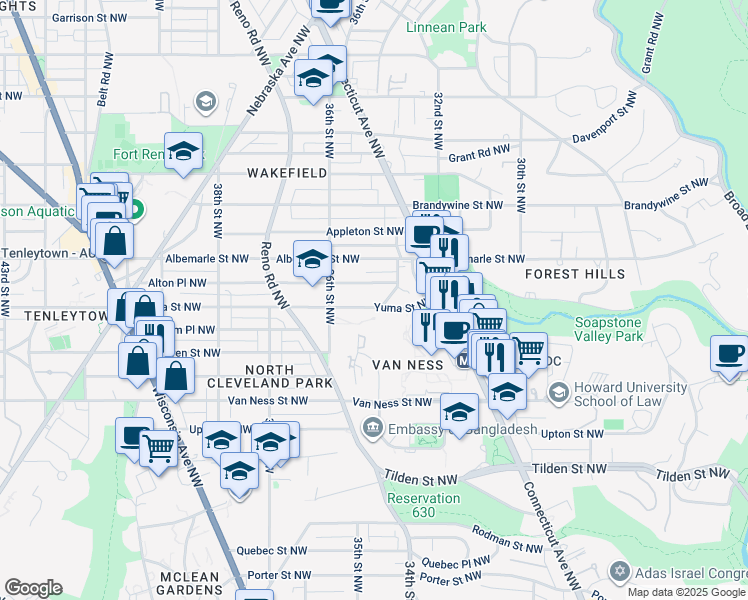 map of restaurants, bars, coffee shops, grocery stores, and more near 3509 Yuma Street Northwest in Washington