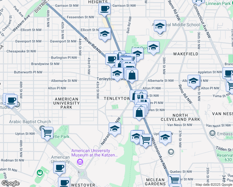 map of restaurants, bars, coffee shops, grocery stores, and more near 4131 Yuma Street Northwest in Washington