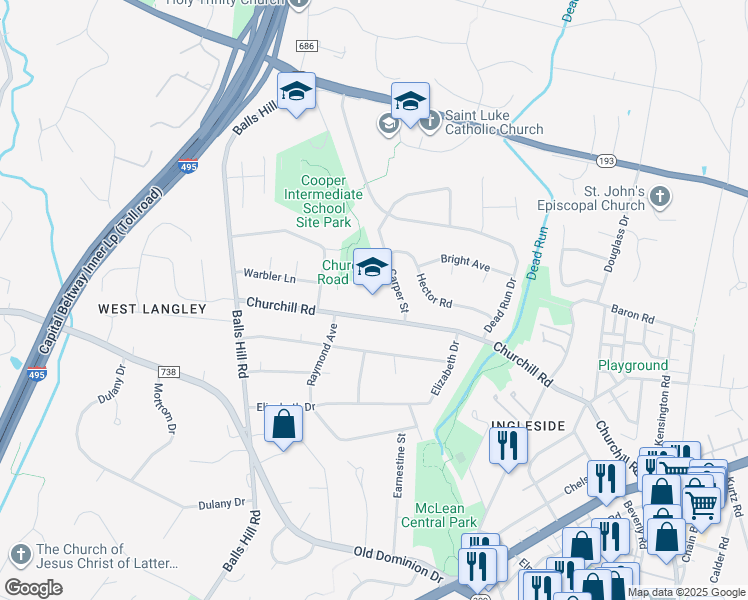 map of restaurants, bars, coffee shops, grocery stores, and more near 7100 Churchill Road in McLean