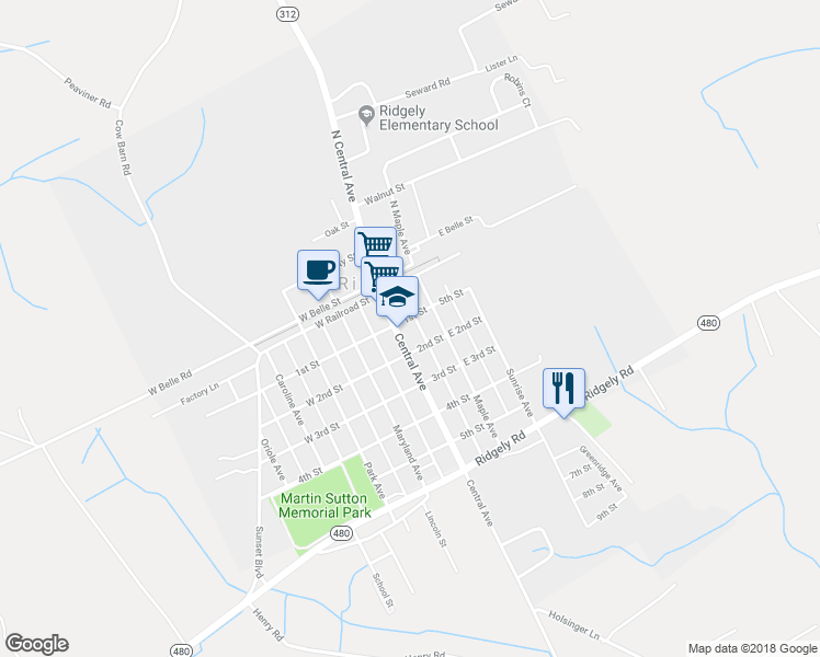 map of restaurants, bars, coffee shops, grocery stores, and more near 106 Central Avenue in Ridgely