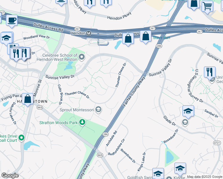 map of restaurants, bars, coffee shops, grocery stores, and more near 12603 Bayard Drive in Reston