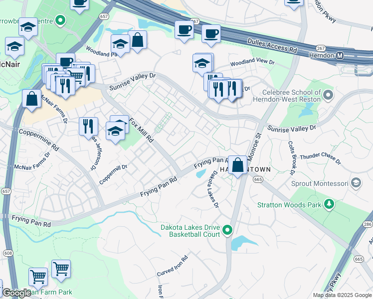 map of restaurants, bars, coffee shops, grocery stores, and more near 13136 Marcey Creek Road in Herndon