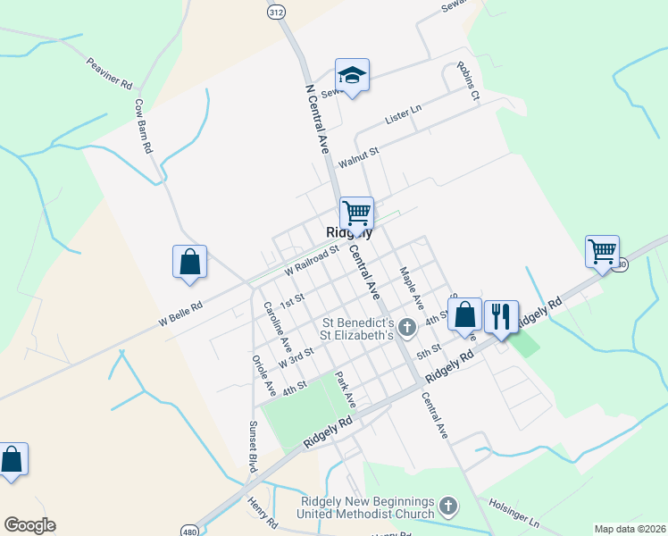 map of restaurants, bars, coffee shops, grocery stores, and more near 16 West 1st Street in Ridgely