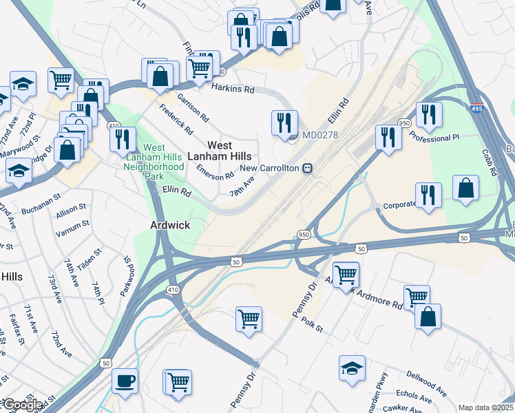 map of restaurants, bars, coffee shops, grocery stores, and more near 4851 Ellin Road in Hyattsville