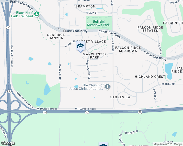 map of restaurants, bars, coffee shops, grocery stores, and more near 21712 West 100th Terrace in Lenexa