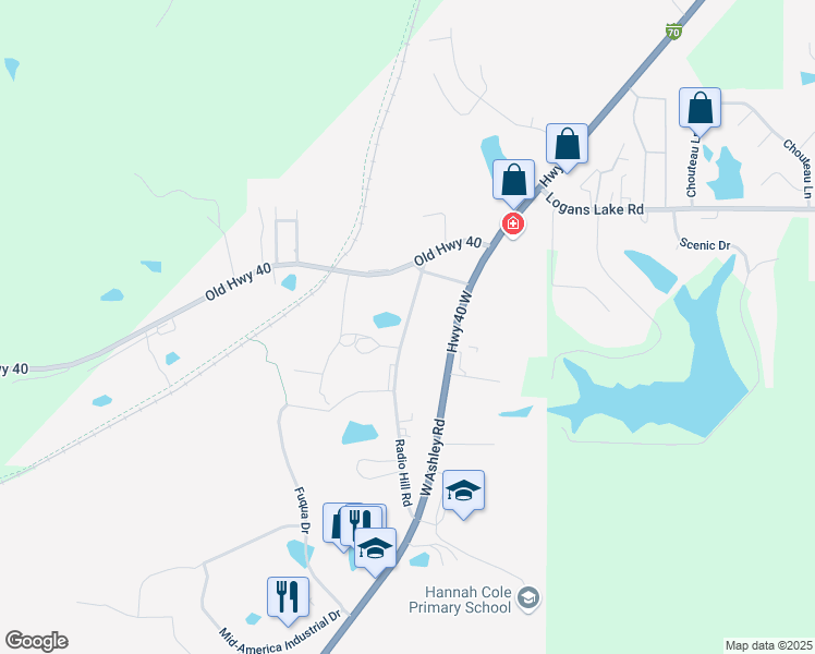 map of restaurants, bars, coffee shops, grocery stores, and more near 1620 Radio Hill Road in Boonville