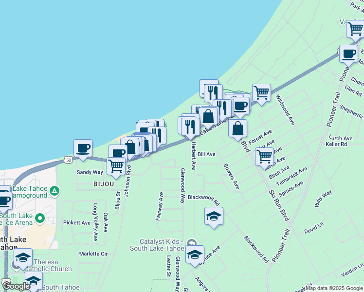map of restaurants, bars, coffee shops, grocery stores, and more near 1038 Herbert Avenue in South Lake Tahoe