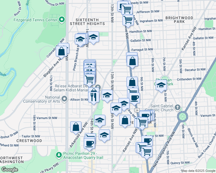 map of restaurants, bars, coffee shops, grocery stores, and more near 4604 Iowa Avenue Northwest in Washington