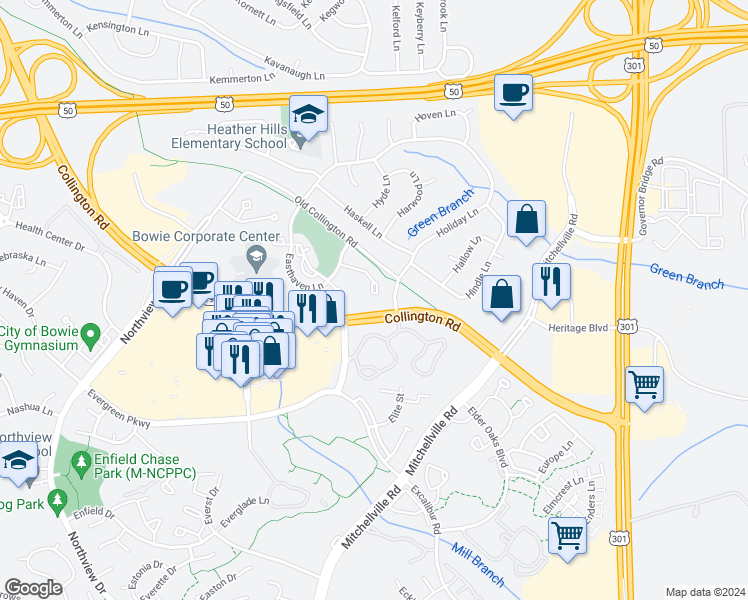 map of restaurants, bars, coffee shops, grocery stores, and more near 15832 Erwin Court in Bowie