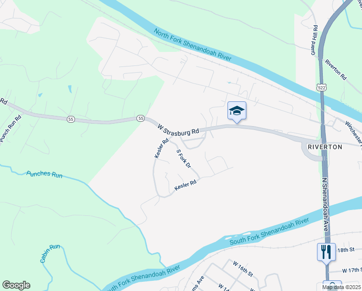 map of restaurants, bars, coffee shops, grocery stores, and more near 1220 South Fork Drive in Front Royal