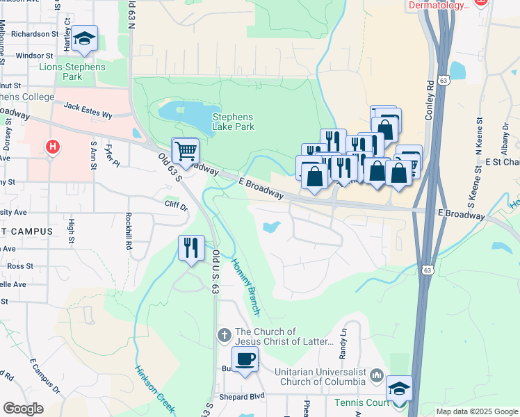 map of restaurants, bars, coffee shops, grocery stores, and more near 4 Broadway Village Drive in Columbia