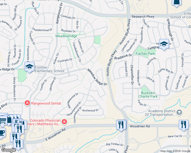 map of restaurants, bars, coffee shops, grocery stores, and more near 7941 Silver Maple Lane in Colorado Springs