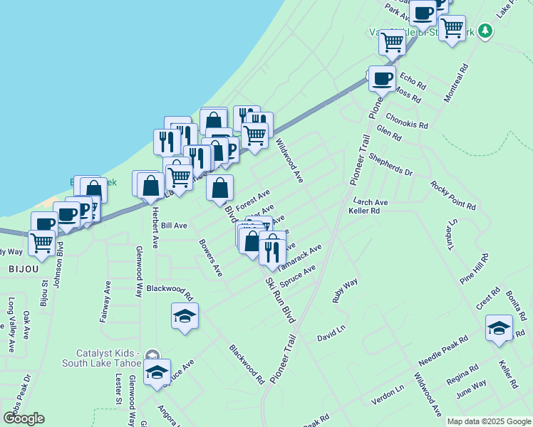 map of restaurants, bars, coffee shops, grocery stores, and more near 3692 Aspen Avenue in South Lake Tahoe