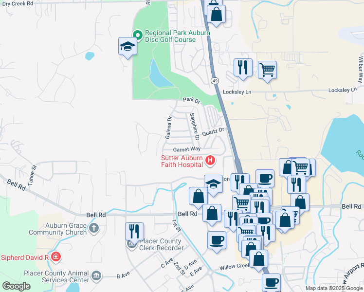 map of restaurants, bars, coffee shops, grocery stores, and more near 11580 Garnet Way in Auburn