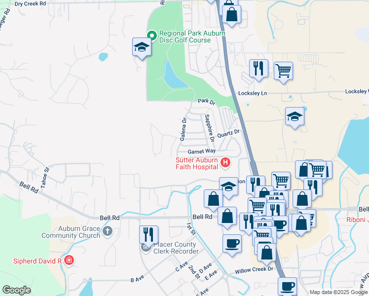 map of restaurants, bars, coffee shops, grocery stores, and more near 11500 Garnet Way in Auburn