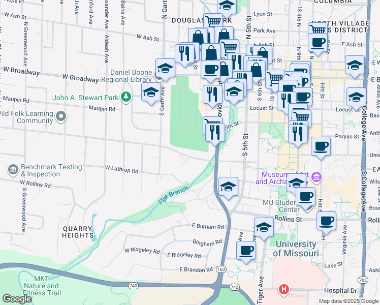 map of restaurants, bars, coffee shops, grocery stores, and more near 100 East Stewart Road in Columbia